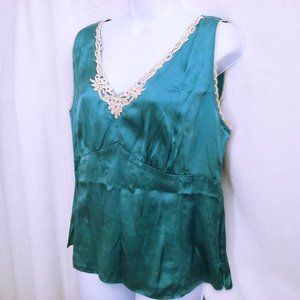 New NWT Liz Claiborne Silk Baby Doll Camisole Tank Top -L Side-Zip Lace Teal